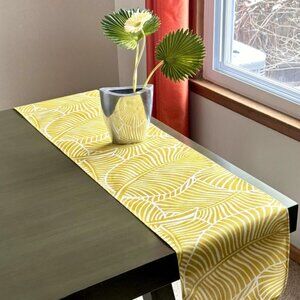 Gold Mustard Off-White Zebra Striped Modern Tropical Leaves Leaf Table Runner